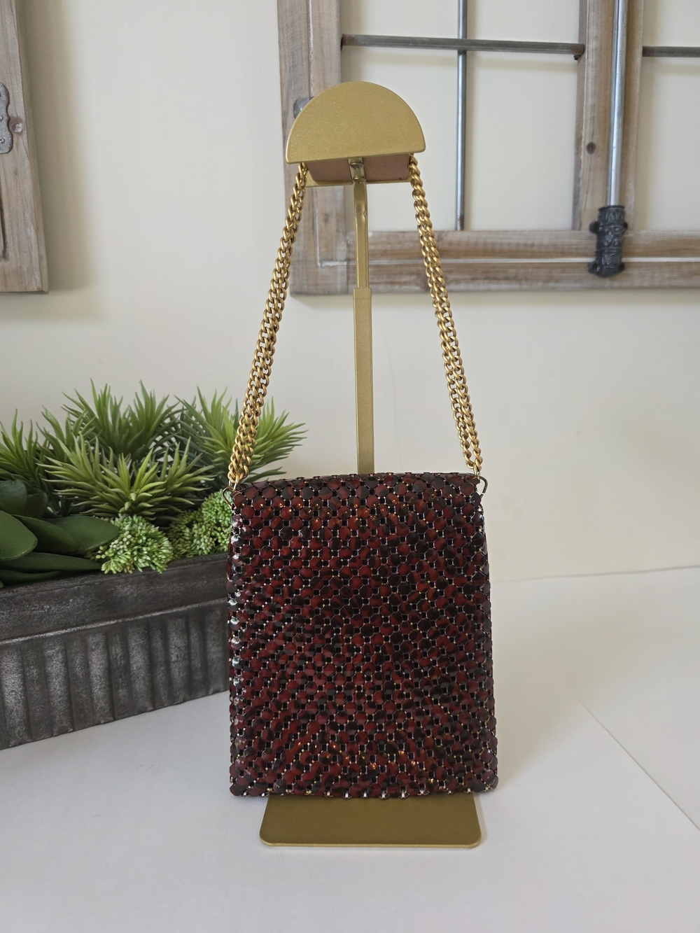 Vintage Whiting & Davis Red Brown Tortoise Enameled Metal Mesh Shoulder Bag - Picture 3 of 11